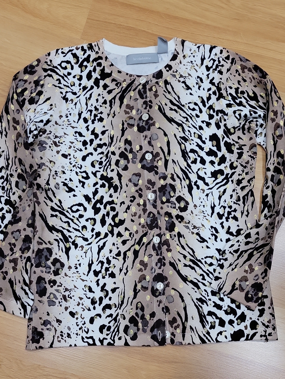 Liz Claiborne Animal Print Button-Up Top in Beige, Black, White
